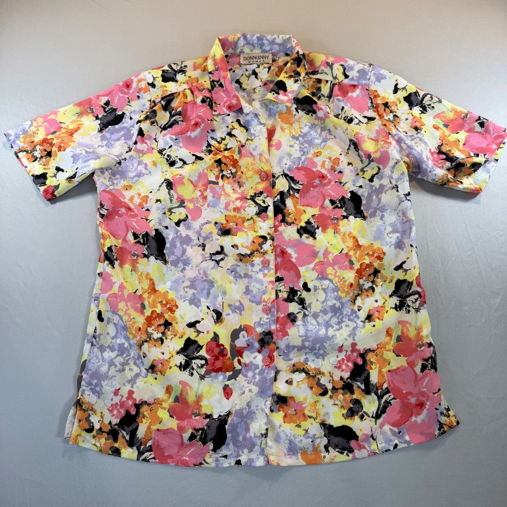 Donnkenny Woman Floral Button Front Blouse Short Sleeve Pink Orange 2X 15543627R